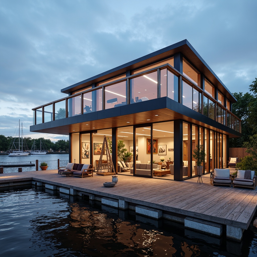 Prompt: Waterfront boathouse, expansive open deck, nautical ropes, wooden dock, rustic metal railings, transparent glass walls, minimalist interior design, natural wood accents, comfortable lounge seating, vintage sailing memorabilia, warm cozy lighting, soft evening ambiance, 1/1 composition, shallow depth of field, realistic water reflections, ambient occlusion.Let me know if this meets your requirements!