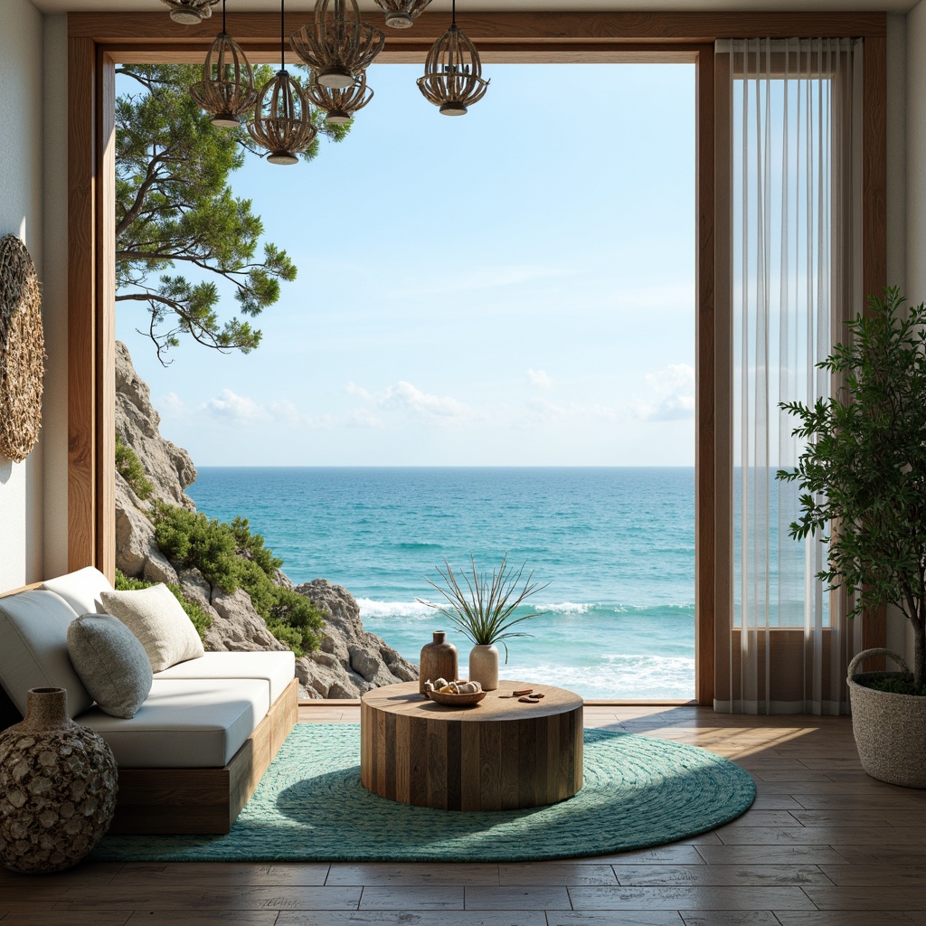 Prompt: Calming ocean views, seaside cliffside setting, driftwood accents, sea-glass chandeliers, wavy patterned rugs, coral-inspired vases, aqua-blue color palette, textured shell decorations, beachy wooden flooring, nautical rope details, sailboat-inspired furniture, ocean-breeze lighting effects, 1/2 composition, soft focus photography, realistic water textures, ambient misting.