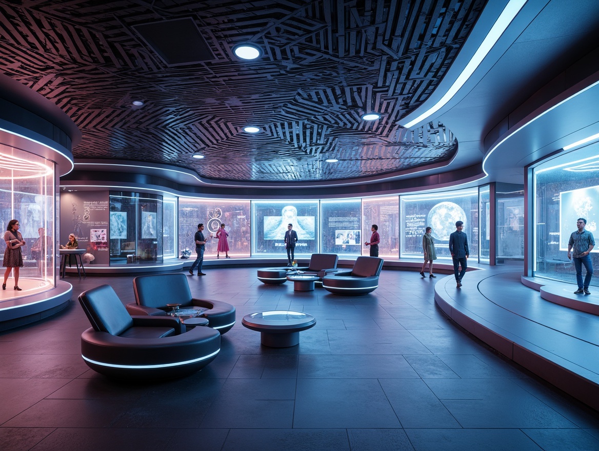 Prompt: Futuristic institute interior, sleek metallic surfaces, minimalist chair designs, neon-lit ambient lighting, holographic projections, futuristic lecterns, curved lines, avant-garde decor, high-tech gadgetry, interactive displays, virtual reality zones, translucent glass partitions, LED strip illumination, ergonomic seating, modular furniture systems, abstract geometric patterns, 3D-printed accessories, soft glowing accents, shallow depth of field, panoramic view, cinematic composition.