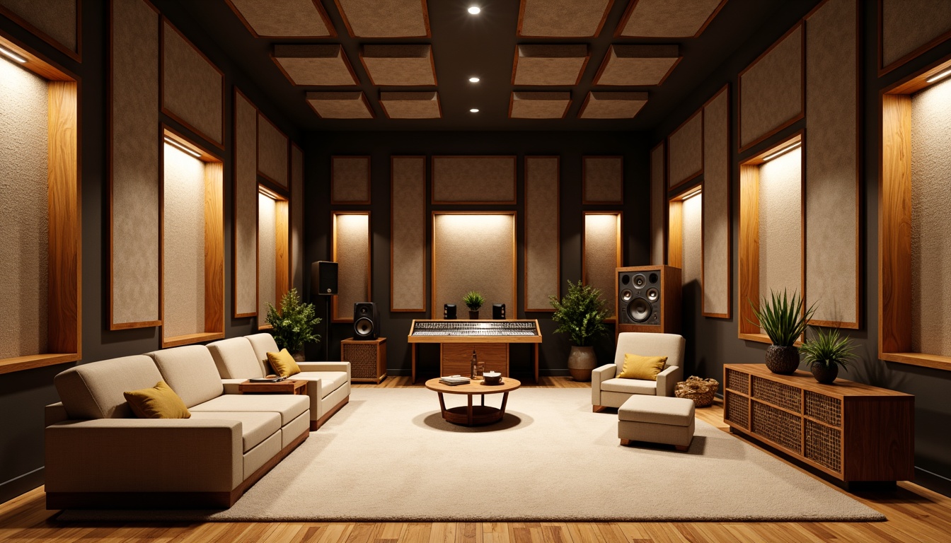 Prompt: Cozy recording studio, soundproofing materials, acoustic panels with fabric wraps, wooden frames, geometric patterns, warm ambient lighting, comfortable seating, professional audio equipment, microphone stands, sound mixing consoles, minimalist decor, natural wood textures, soft carpet flooring, 1/1 composition, shallow depth of field, realistic rendering.