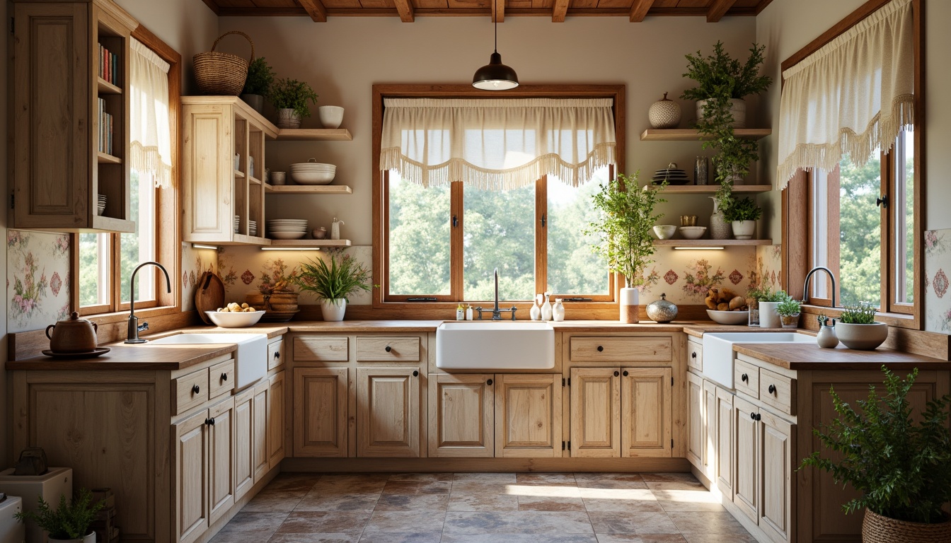 Prompt: Rustic kitchen, distressed wood cabinets, vintage metal hardware, soft warm lighting, natural linen fabrics, lace trimmings, ruffled curtains, pastel color palette, floral patterns, subtle sheen, cotton blends, woven baskets, earthy tones, reclaimed wood accents, ornate ceramic tiles, farmhouse sink, antique bronze fixtures, romantic ambiance.