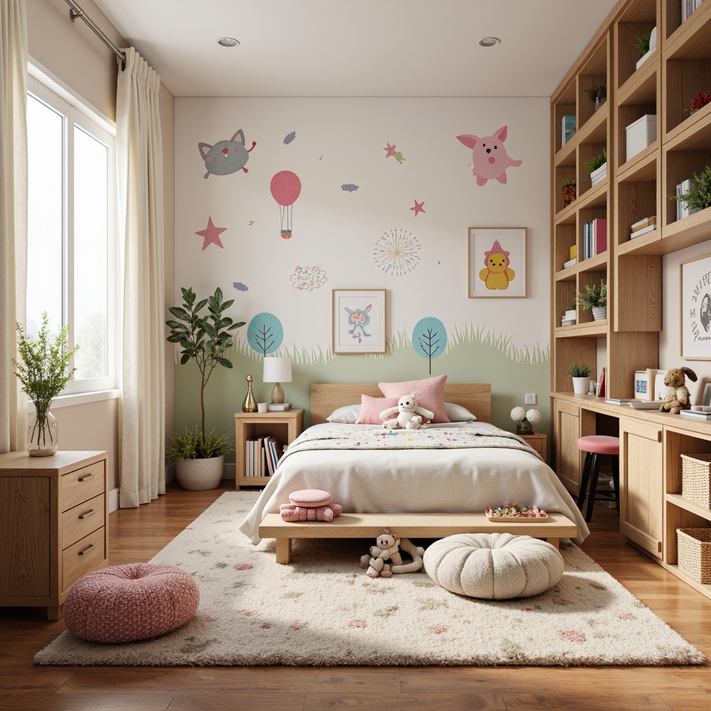 Prompt: Cozy kids' bedroom, plush area rug, soft pastel colors, gentle lighting, comfortable seating, whimsical wall decals, colorful fabric patterns, playful polka dots, stripes, and florals, warm wooden furniture, creamy white curtains, fluffy throw pillows, stuffed animal decorations, educational wall art, interactive learning tools, built-in bookshelves, ergonomic desk chairs, vibrant storage bins, natural fiber textiles, eco-friendly materials, soothing color palette, soft focus lighting, shallow depth of field, 1/2 composition, warm and inviting atmosphere.