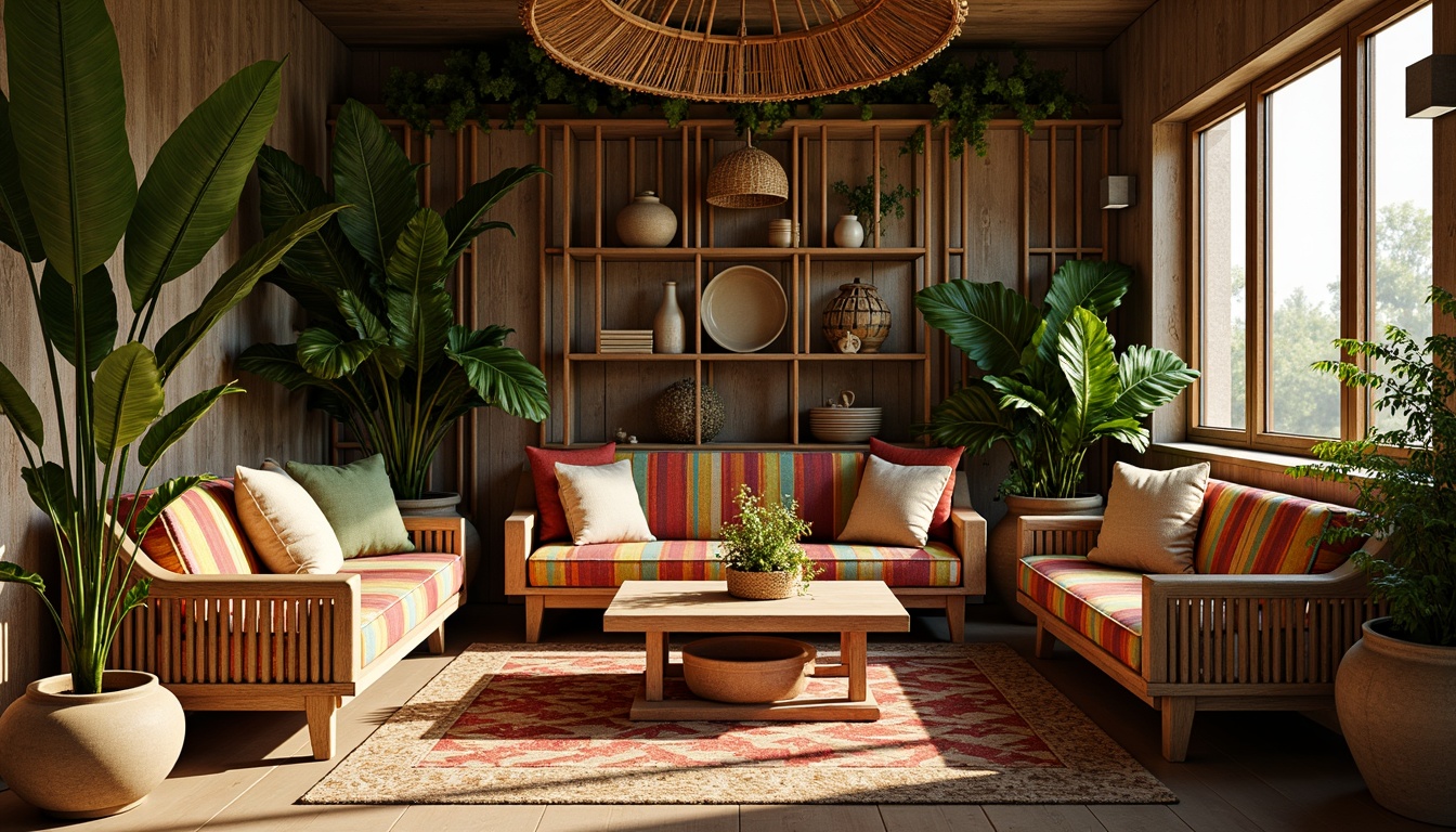 Prompt: Vibrant jungle-inspired furniture, bold animal-shaped chairs, eclectic wooden tables, colorful woven baskets, playful monkey-bar stools, whimsical leaf-patterned sofas, exotic tropical plants, distressed wood accents, natural fiber rugs, earthy terracotta pots, oversized lanterns, warm golden lighting, dramatic shadows, 1/1 composition, realistic textures, ambient occlusion.