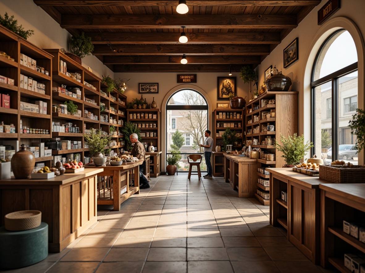 Prompt: Traditional grocery store, warm wooden shelves, vintage-style signage, nostalgic packaging, rustic flooring, earthy color palette, abundant natural light, cozy atmosphere, classic checkout counters, ornate metal racks, wicker baskets, ceramic tile walls, decorative archways, soft warm lighting, shallow depth of field, 1/1 composition, realistic textures, ambient occlusion.