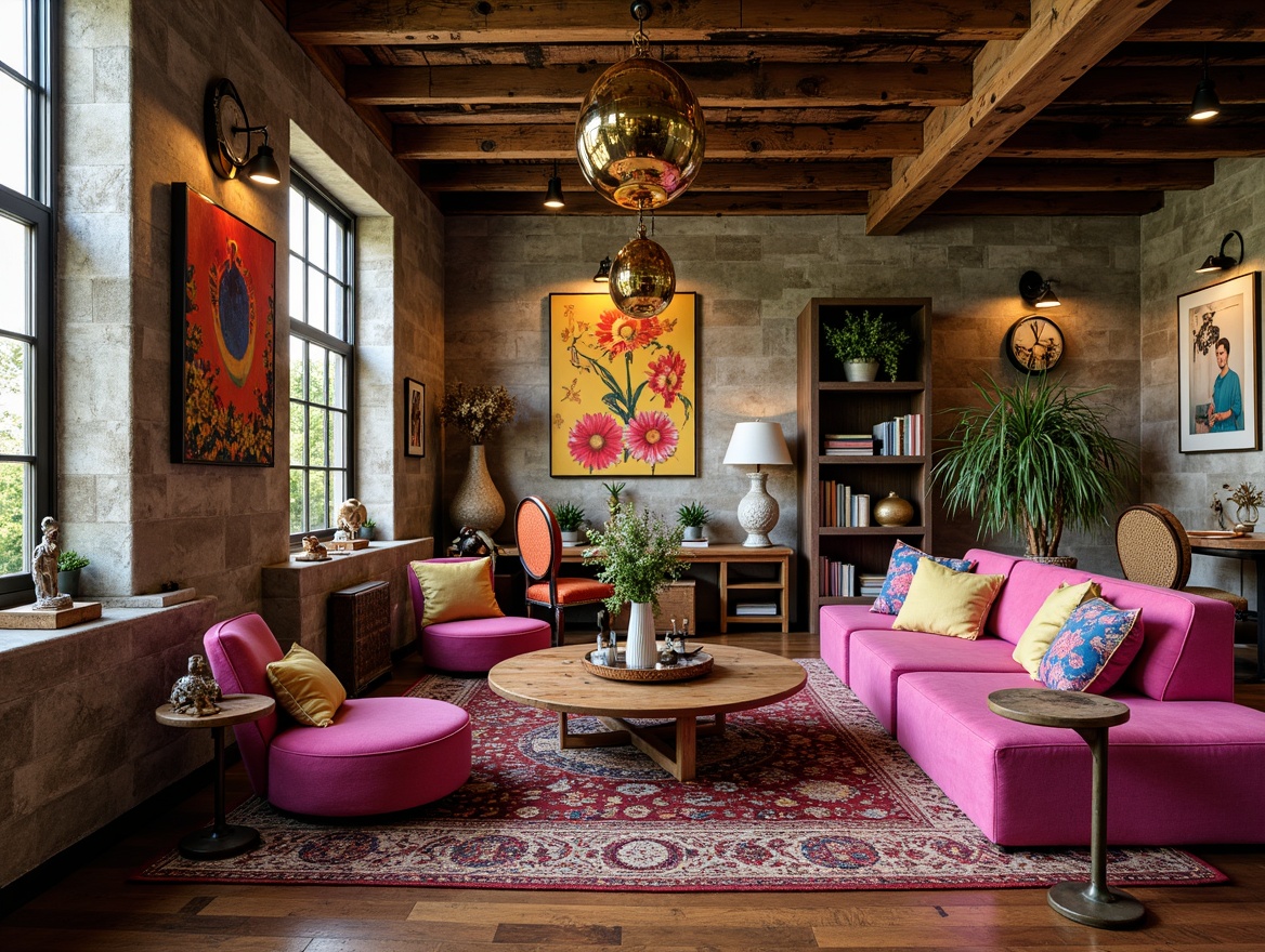 Prompt: Vibrant eclectic interior, mixed textures, patterned rugs, colorful throw pillows, unique artwork, industrial metal accents, reclaimed wood furniture, natural stone walls, abstract sculptures, modern chandeliers, layered lighting, cozy reading nooks, plush velvet sofas, metallic gold frames, ornate mirrors, distressed finishes, statement walls, bold color blocking, eclectic accessories, bohemian-inspired decor, laid-back atmosphere, soft warm glow, shallow depth of field, 1/1 composition, intimate perspective.