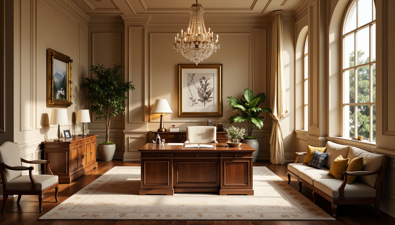 Prompt: Elegant home office, classicism style, warm beige walls, rich wooden furniture, ornate gold frames, crystal chandeliers, bronze table lamps, soft cream shades, velvet drapes, refined architectural details, subtle texture overlays, natural daylight, warm afternoon lighting, shallow depth of field, 1/1 composition, realistic rendering, ambient occlusion.