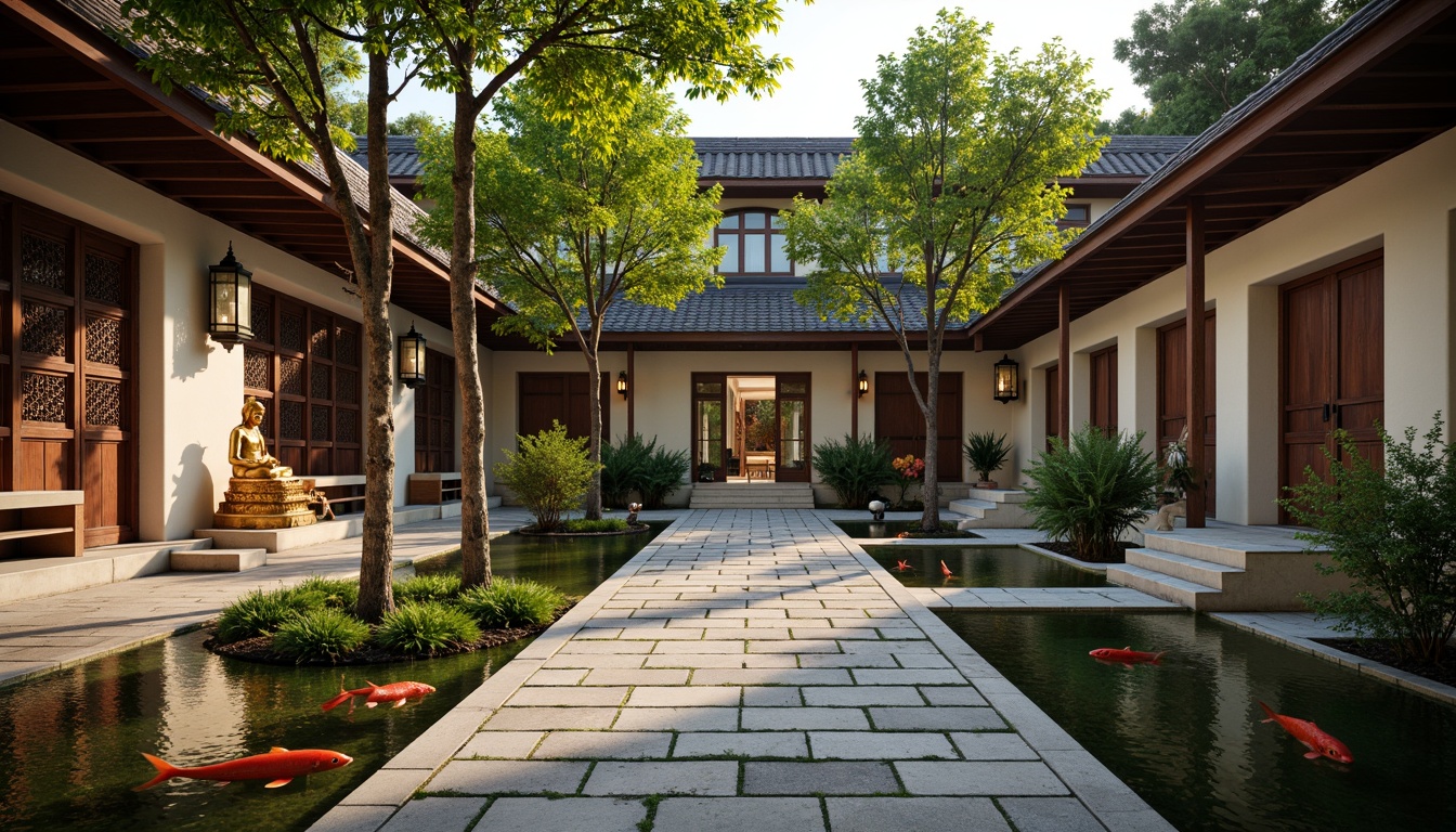 Prompt: Serenity-filled monastery courtyard, intricately carved wooden doors, golden Buddha statues, tranquil koi ponds, lush green bamboo, natural stone pathways, peaceful meditation gardens, soft warm lighting, traditional Asian-inspired architecture, curved rooflines, ornate tile work, vibrant red accents, delicate paper lanterns, minimal modern furnishings, natural textiles, earthy color palette, shallow depth of field, 1/2 composition, harmonious balance, realistic atmospheric effects.