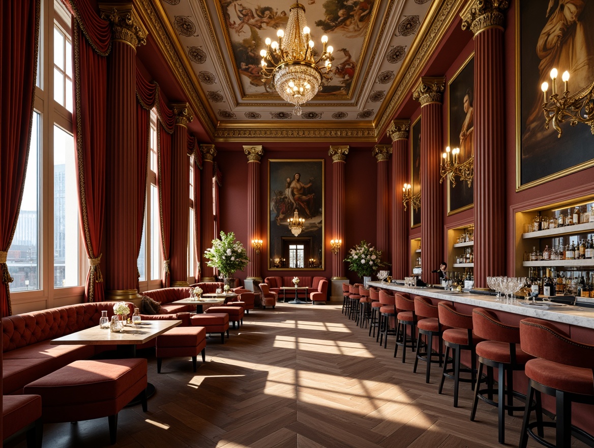 Prompt: Luxurious bar interior, neoclassical architecture, grandiose columns, ornate moldings, rich wood tones, velvet drapes, crystal chandeliers, marble countertops, gilded accents, intricate carvings, soft warm lighting, shallow depth of field, 3/4 composition, realistic textures, ambient occlusion, opulent furniture, tufted sofas, wingback chairs, ornate mirrors, fresco ceilings, classic oil paintings, vintage barware, leather-bound books, sophisticated color palette.