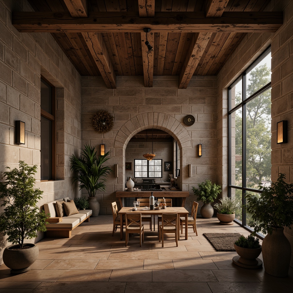 Prompt: Rustic, earthy tones, natural stone walls, exposed brick facades, distressed wood accents, vintage metal decorations, reclaimed lumber, rough-hewn wooden beams, organic shapes, irregular forms, uneven surfaces, tactile experiences, warm ambient lighting, soft focus, shallow depth of field, 3/4 composition, cinematic atmosphere, realistic rendering, subtle color grading.