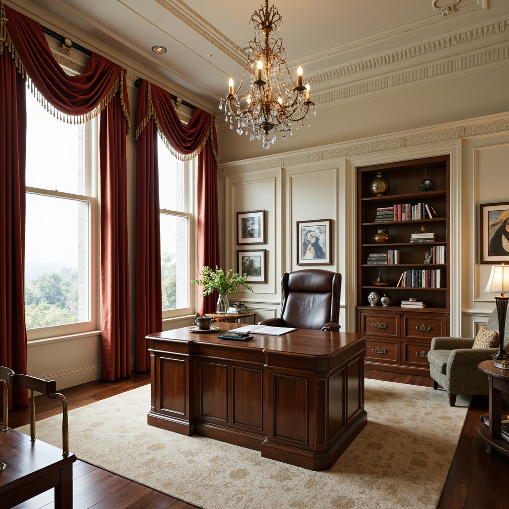 Prompt: Traditional home office, classic wood furniture, rich walnut tones, creamy white walls, warm beige carpets, luxurious velvet drapes, golden brass hardware, elegant crown molding, ornate crystal chandeliers, soft natural lighting, shallow depth of field, 1/1 composition, realistic textures, ambient occlusion, sophisticated color palette, earthy brown shades, muted green accents, rich red undertones.