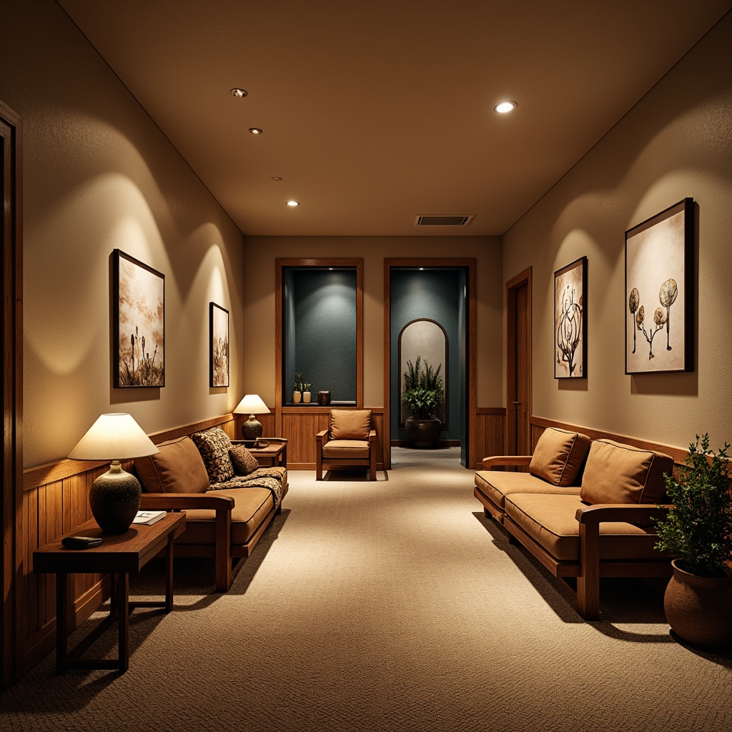 Prompt: Cozy basement, warm earthy tones, rich wood accents, comfortable seating areas, soft plush carpets, calming blue undertones, creamy white walls, warm beige ceilings, ambient dim lighting, rustic metal decor, natural stone textures, earthy scent, relaxing atmosphere, 1/2 composition, warm color temperature, soft focus, realistic render.