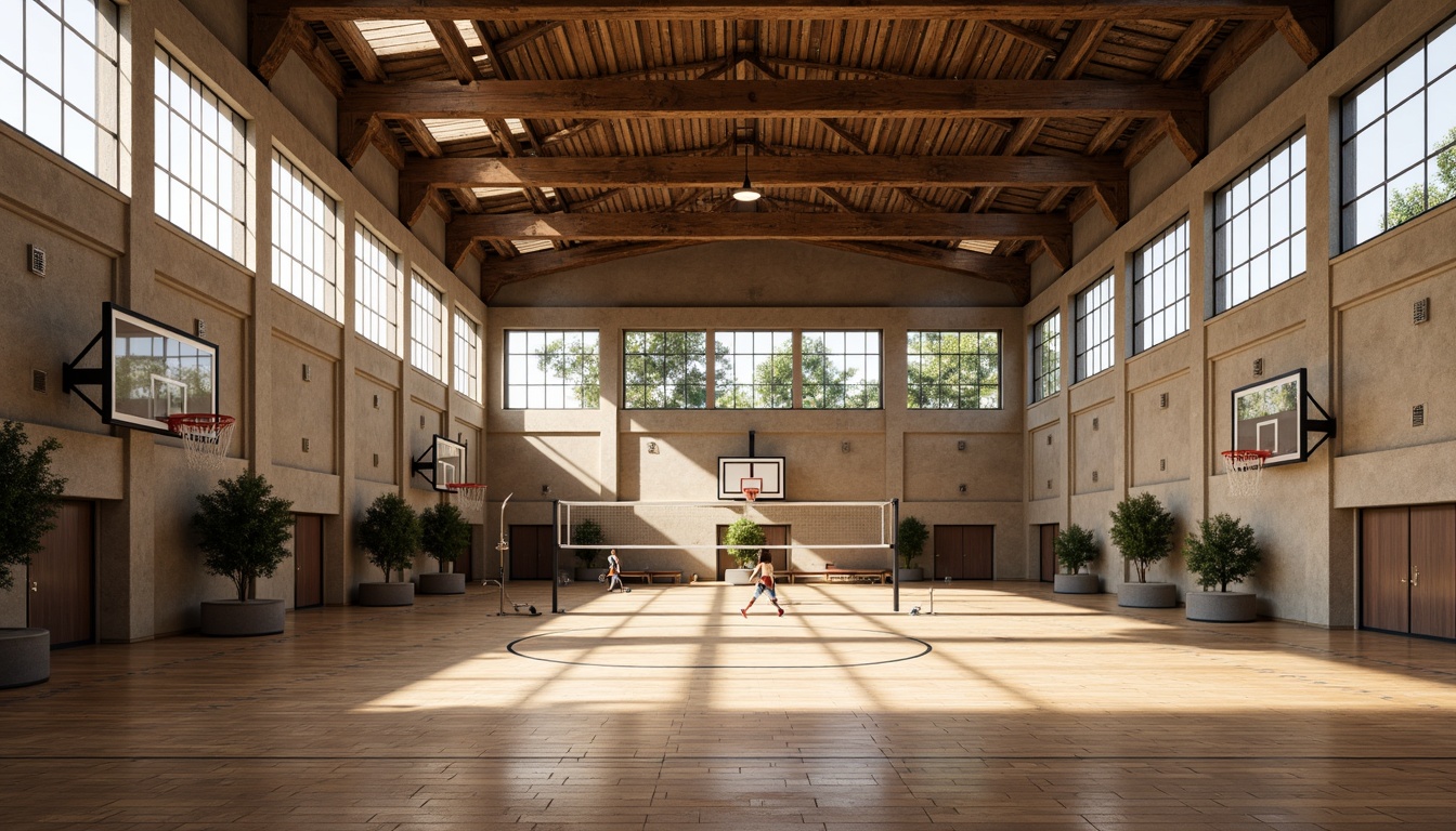 Prompt: Rustic gymnasium interior, textured walls, industrial-style lighting, wooden flooring, sports equipment, basketball hoops, volleyball nets, athletic tracks, modern architecture, high ceilings, large windows, natural light, warm color scheme, shallow depth of field, 1/1 composition, realistic textures, ambient occlusion.