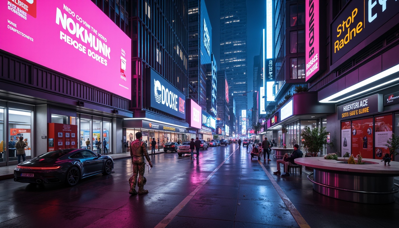 Prompt: Neon-lit cityscape, futuristic skyscrapers, metallic surfaces, holographic advertisements, vibrant pink and blue hues, glowing neon lights, iridescent materials, high-tech gadgets, virtual reality interfaces, sleek robots, retro-futuristic decor, geometric patterns, 3D holographic projections, cyberpunk atmosphere, moody dark tones, dramatic spotlights, shallow depth of field, 1/1 composition, cinematic lighting, realistic reflections.