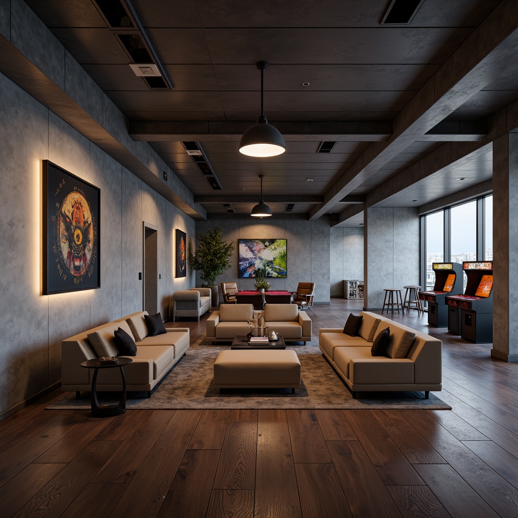 Prompt: Minimalist game room, industrial concrete walls, sleek metal beams, polished wood flooring, low-profile sofas, geometric-shaped coffee tables, minimalist art pieces, retro arcade machines, neon-colored accents, ambient soft lighting, shallow depth of field, 1/1 composition, cinematic rendering, realistic textures, subtle atmospheric effects.