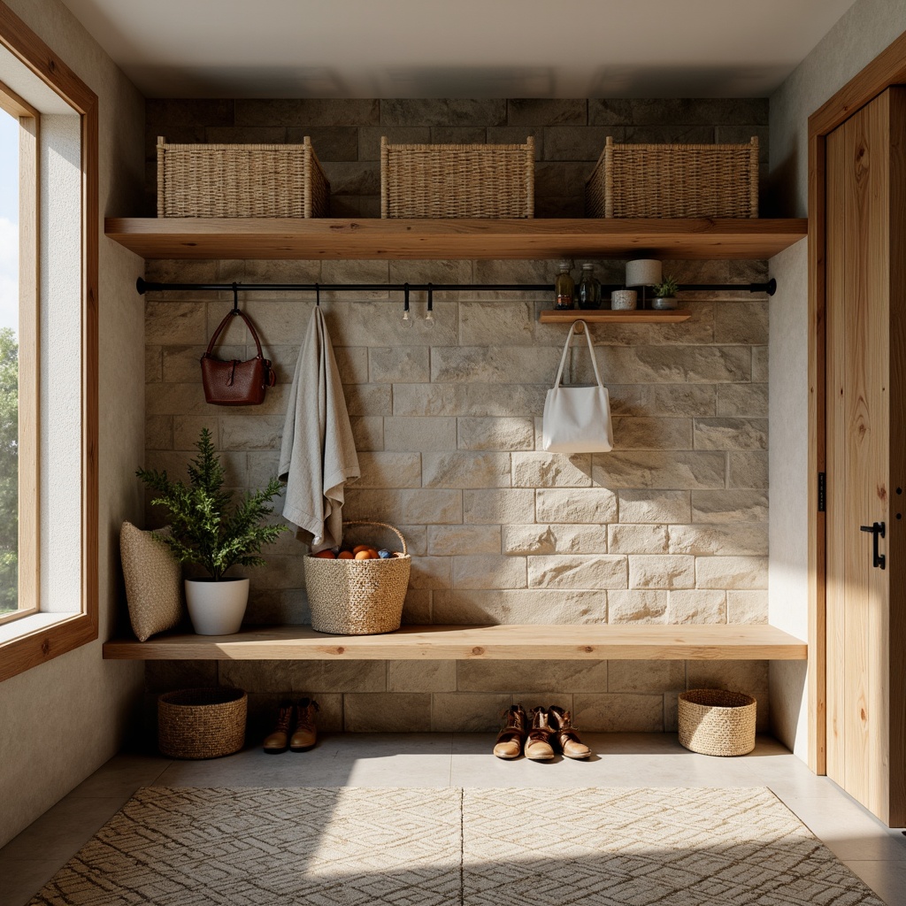 Prompt: Mid-century modern mudroom, natural stone walls, earthy color palette, rustic wooden accents, woven baskets, industrial metal shelves, minimalist decor, functional storage benches, geometric patterned rugs, warm ambient lighting, soft focus blur, 1/2 composition, realistic textures, subtle reflections.