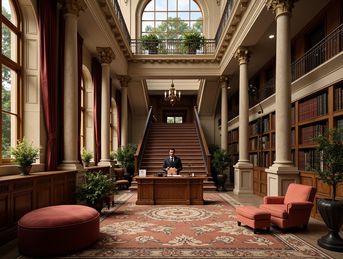 Prompt: Elegant university campus, neoclassical architecture, ornate columns, carved stone details, grand staircase, rich wood tones, leather-bound tomes, polished brass fixtures, stately professor's desk, vintage-inspired chairs, tufted ottomans, velvet drapes, intricate moldings, warm golden lighting, soft focus, shallow depth of field, 1/1 composition, symmetrical framing, realistic textures, ambient occlusion.