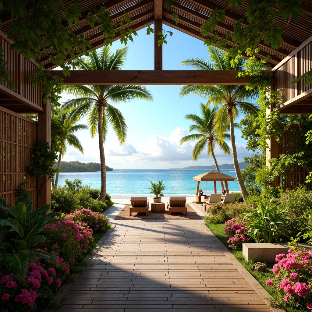 Prompt: Vibrant tropical flowers, lush greenery, wooden decking, ocean views, seaside resort, palm trees, turquoise waters, sunny day, warm soft lighting, shallow depth of field, 1/1 composition, realistic textures, ambient occlusion, exotic wood accents, rattan furniture, colorful tiki torches, natural stone walls, bamboo elements, tropical leaf patterns, intricate island-inspired carvings.