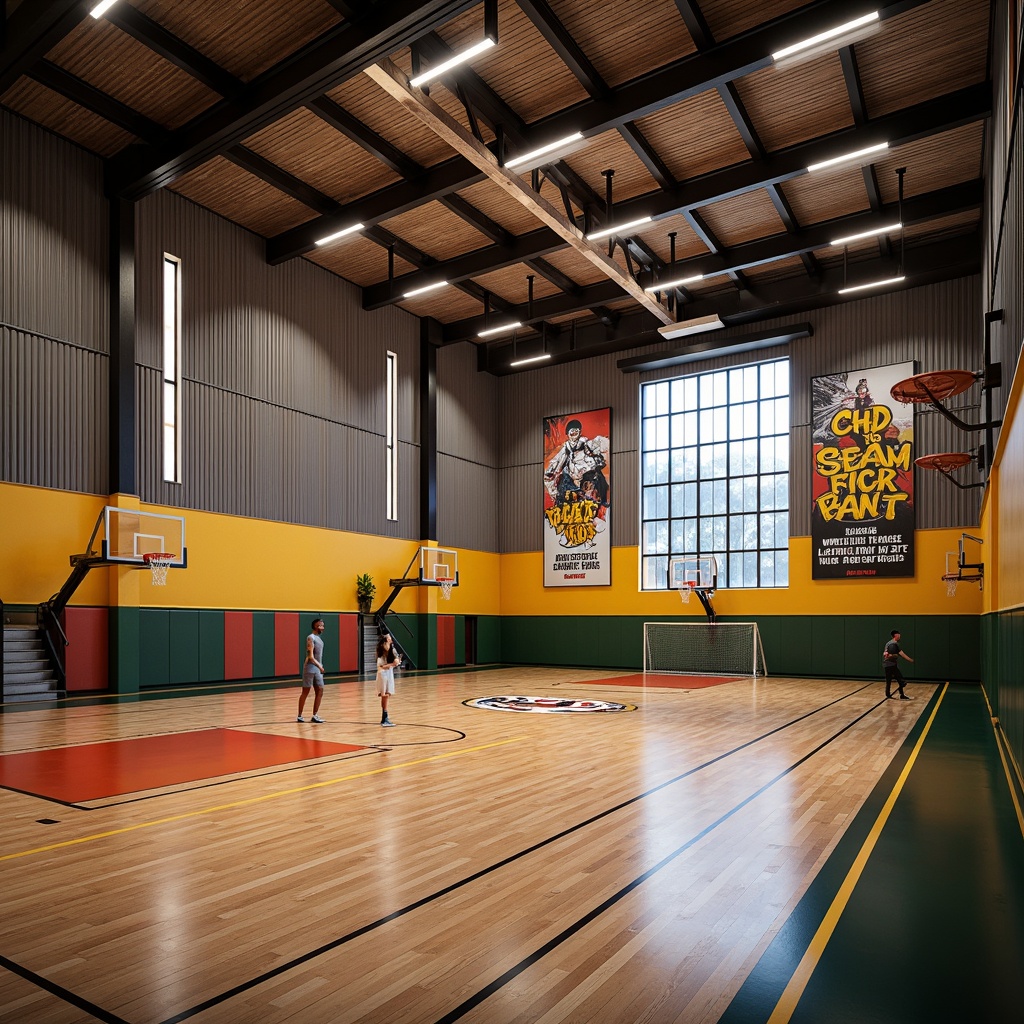 Prompt: Rustic gymnasium interior, textured walls, industrial metal beams, polished wooden floors, vibrant team colors, motivational quotes, dynamic sports equipment, basketball hoops, soccer goals, athletic tracks, modern LED lighting, shallow depth of field, 1/2 composition, warm color tone, realistic textures, ambient occlusion.