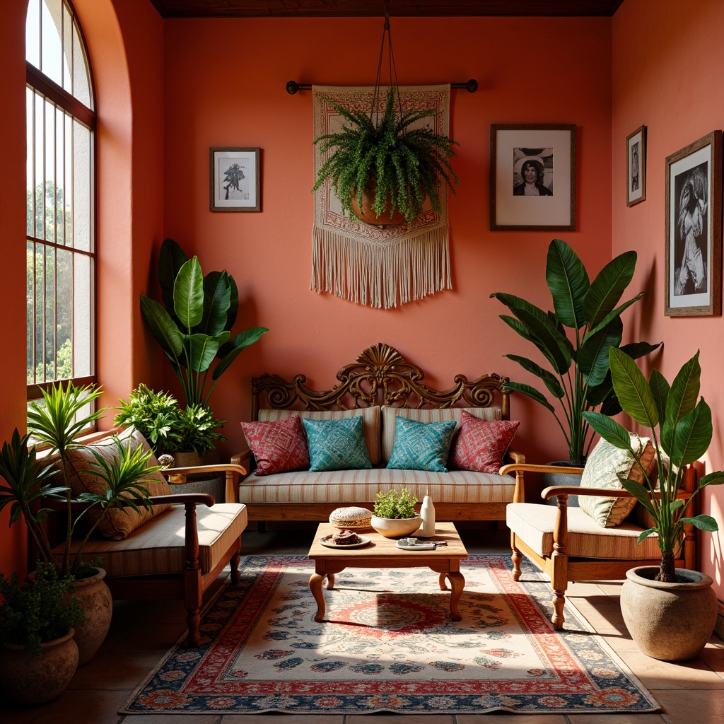 Prompt: Vibrant persimmon walls, eclectic bohemian decor, lush greenery, Moroccan-inspired tiles, ornate wooden furniture, colorful woven textiles, rustic metal accents, natural stone floors, earthy ceramics, warm candlelight, soft afternoon sunlight, shallow depth of field, 1/1 composition, intimate cozy atmosphere, realistic textures, ambient occlusion.