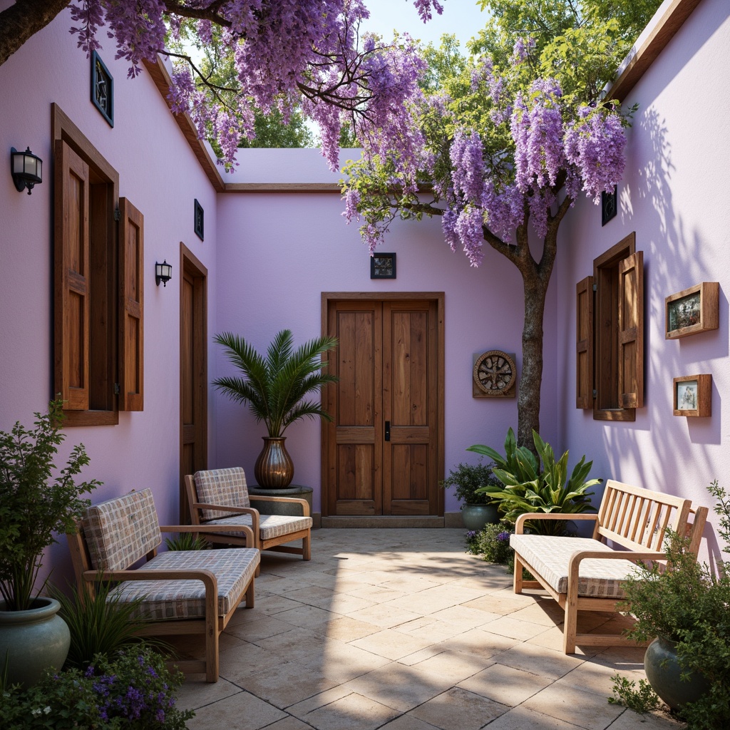 Prompt: Soft lavender walls, delicate wisteria blooms, vintage garden benches, rustic wooden accents, whimsical florals, pastel-hued ceramics, gentle morning light, warm beige stone pathways, lush greenery, distressed wood shutters, ornate metalwork, charming courtyard, serene ambiance, natural textures, soft focus, 1/1 composition, warm color grading.