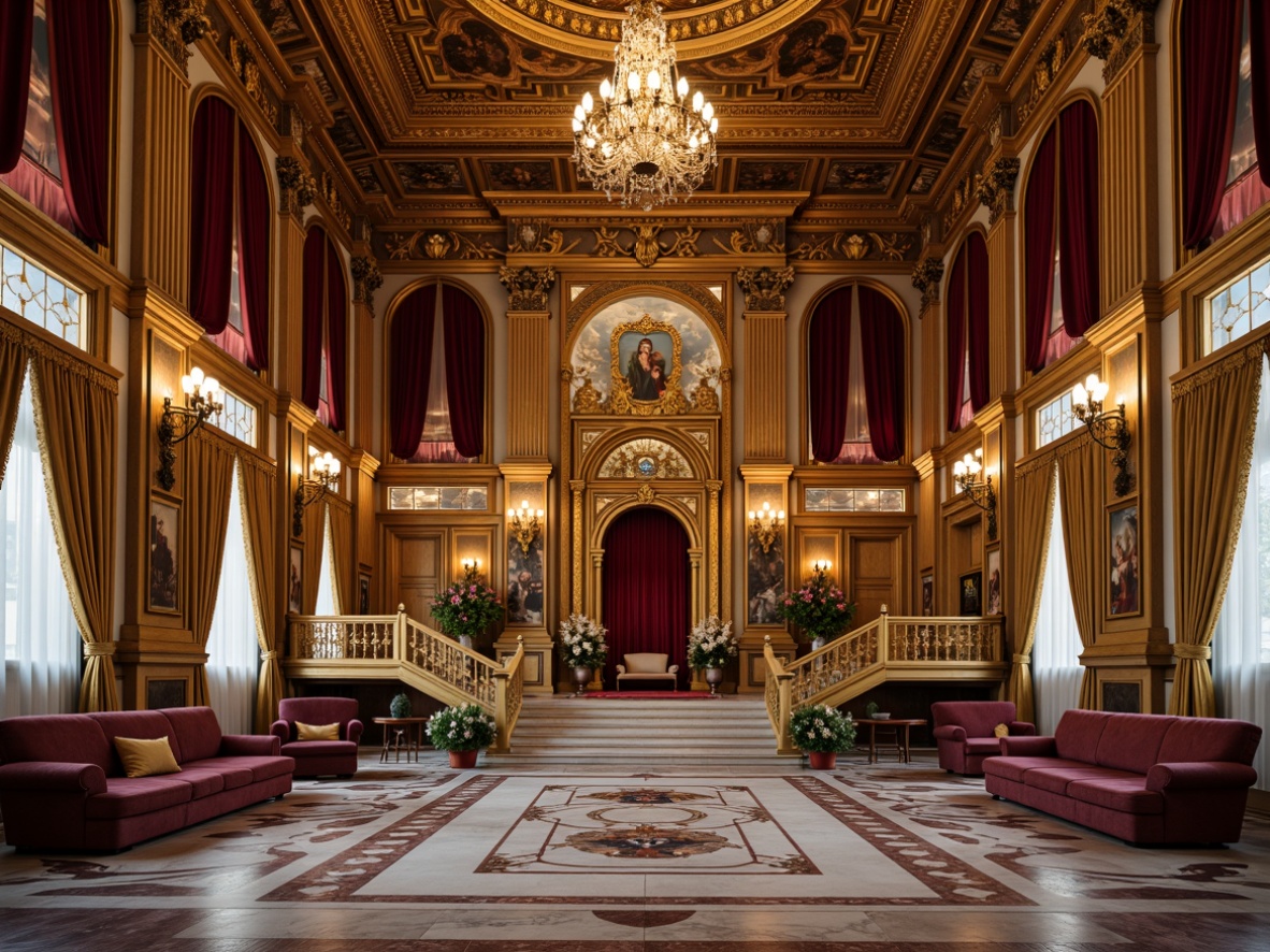 Prompt: Opulent throne room, gilded ornateness, intricate carvings, lavish furnishings, rich velvet drapes, grandiose chandeliers, marble floors, ornate mirrors, golden accents, elaborate frescoes, dramatic archways, sweeping staircases, majestic columns, stately proportions, soft warm lighting, shallow depth of field, 1/2 composition, detailed textures, ambient occlusion.