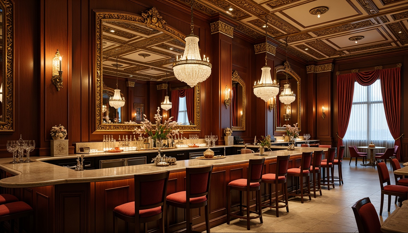 Prompt: Luxurious bar interior, rich wood paneling, ornate mirrors, crystal chandeliers, velvet drapes, marble countertops, antique furniture, intricate moldings, gilded accents, warm golden lighting, soft focus, shallow depth of field, 2/3 composition, symmetrical layout, realistic textures, ambient occlusion, neoclassical arches, grandiose columns, ornate ceiling details, lavish decorations, opulent atmosphere.