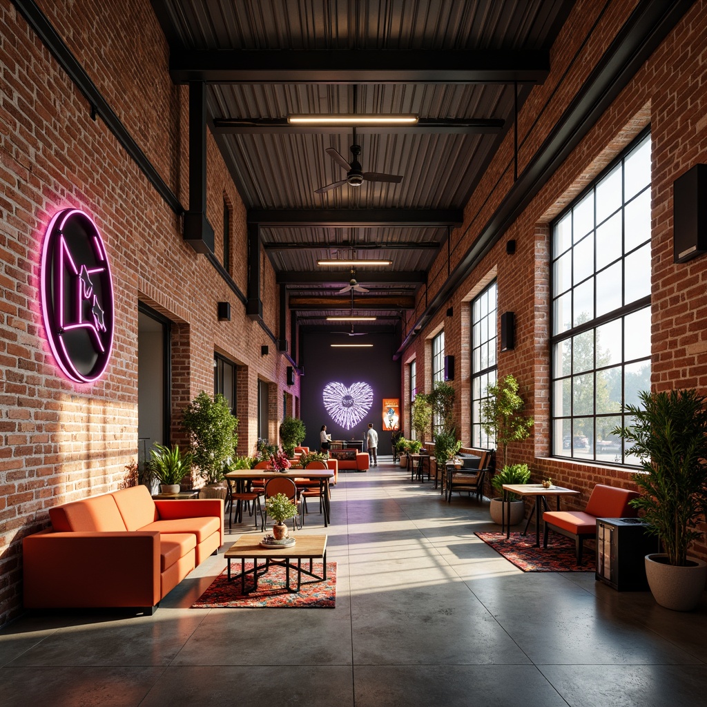 Prompt: Industrial warehouse, exposed brick walls, metal beams, polished concrete floors, vibrant color accents, bold geometric patterns, neon lighting installations, reclaimed wood furniture, eclectic decorative art, urban loft atmosphere, natural daylight pouring in, soft warm glow, 3/4 composition, shallow depth of field, realistic textures, ambient occlusion.