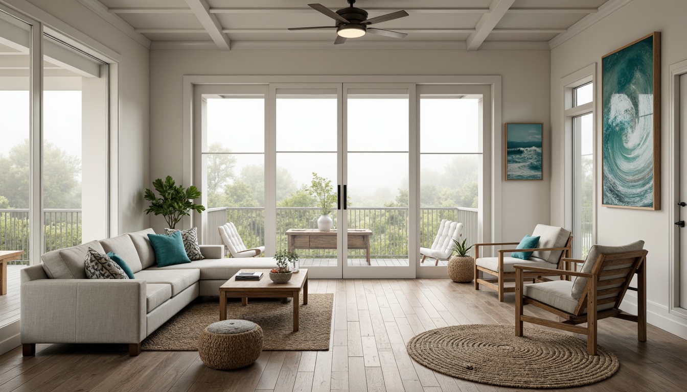 Prompt: Coastal cottage, soft white walls, large windows, sliding glass doors, natural wood flooring, woven sea grass mats, driftwood accents, ocean-inspired artwork, calming blue-green color palette, textured linen upholstery, distressed wooden furniture, nautical rope details, ambient warm lighting, 1/1 composition, shallow depth of field, realistic textures, subtle foggy atmosphere.