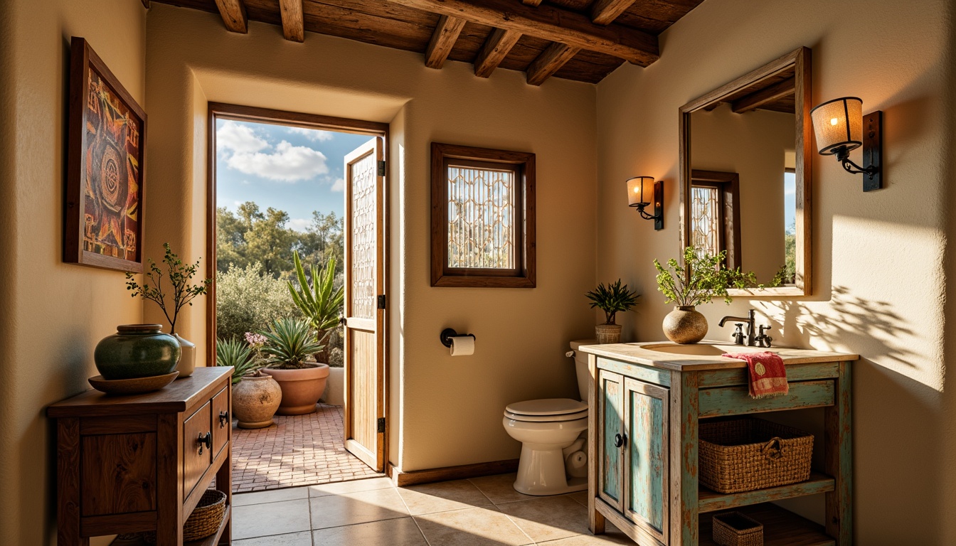 Prompt: Rustic powder room, southwestern flair, warm beige walls, turquoise accents, vintage wooden furniture, distressed finishes, woven baskets, colorful textiles, geometric patterns, Native American-inspired motifs, soft golden lighting, shallow depth of field, 1/2 composition, intimate atmosphere, natural stone flooring, ornate metal fixtures, earthy scents, desert botanicals.