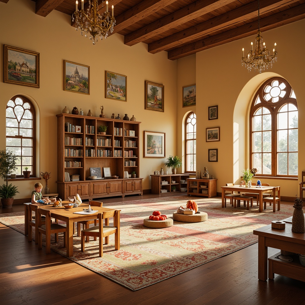 Prompt: Renaissance-style kindergarten, warm beige walls, ornate wooden furniture, soft golden lighting, educational toys and materials, child-sized tables and chairs, colorful rugs, cork flooring, natural wood accents, decorative archways, stained glass windows, grand chandeliers, whimsical murals, cozy reading nooks, comfortable seating areas, ample storage spaces, easy-to-clean surfaces, durable materials, acoustic soundproofing, safe and non-toxic finishes, playful color scheme, inviting atmosphere, 3/4 composition, soft focus, warm ambient lighting.