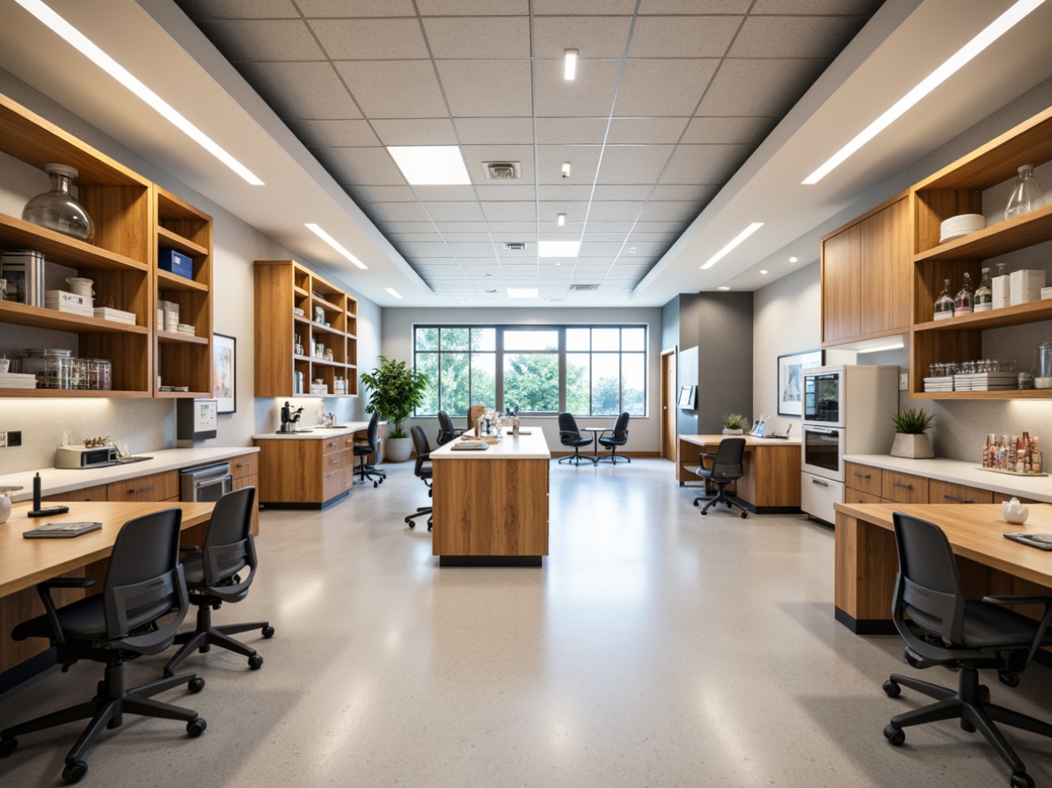 Prompt: Laboratory academic style room, wooden workstations with metal frames, ergonomic chairs, built-in shelving units, ample storage cabinets, fume hoods, laboratory equipment, scientific instruments, beakers, test tubes, microscopes, natural stone countertops, epoxy resin flooring, LED lighting, suspended ceiling panels, minimalist color scheme, functional layout, open collaboration spaces, comfortable break areas, abundant natural light, warm neutral tones, shallow depth of field, 2/3 composition, realistic textures, ambient occlusion.