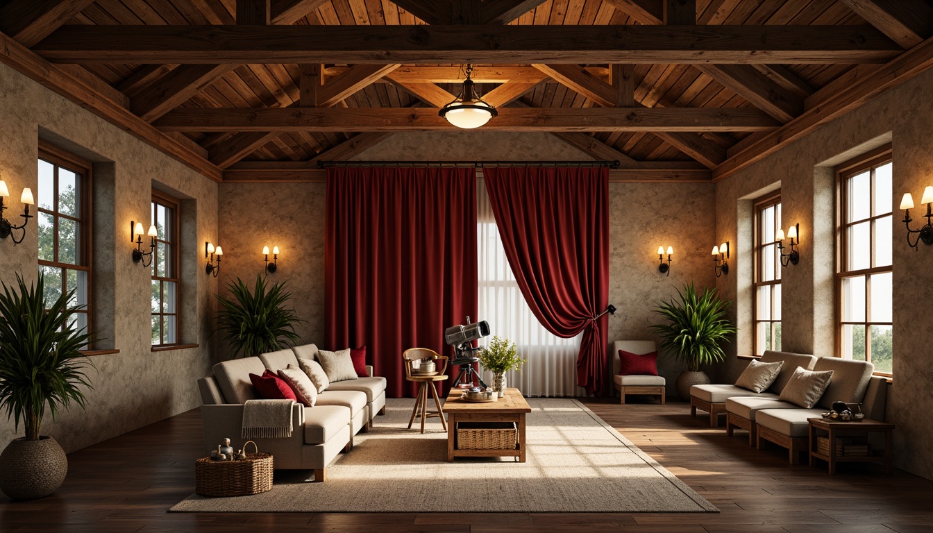 Prompt: Rustic wooden ceiling beams, distressed wood textures, soft warm lighting, cozy intimate atmosphere, vintage cinema decorations, rich red velvet curtains, ornate golden accents, classic film cameras, cinematic spotlights, French country-inspired rustic furniture, stone walls, earthy color palette, natural materials, woven baskets, potted plants, soft blankets, warm beige tones, cinematic drama, shallow depth of field, 2/3 composition, cinematic framing.