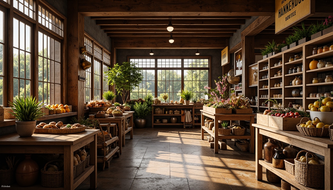 Prompt: Warm traditional grocery store, wooden shelves, rustic metal frames, vintage signage, distressed finishes, earthy color palette, natural stone floors, warm lighting, cozy atmosphere, abundant greenery, woven baskets, ceramic vases, decorative lanterns, ornate wood carvings, classic typography, rich textures, 1/1 composition, soft focus, realistic reflections.