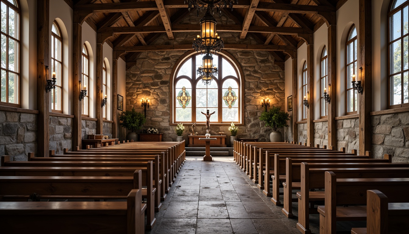 Prompt: Rustic church interior, wooden pews, stone walls, vaulted ceilings, grandiose chandeliers, stained glass windows, natural light pouring in, warm ambiance, earthy tones, distressed wood textures, rugged stone surfaces, candlelit aisles, ornate crucifixes, vintage metal lanterns, soft diffused lighting, high contrast shadows, 1/2 composition, symmetrical framing, realistic materials, subtle depth of field.