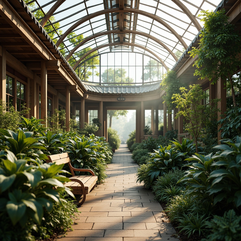 Prompt: Traditional Asian-inspired greenhouse, lush greenery, natural wood accents, bamboo structures, curved lines, vibrant colors, ornate details, intricate carvings, ceramic tiles, translucent roofs, abundant natural light, misty atmosphere, serene ambiance, soft warm lighting, shallow depth of field, 3/4 composition, panoramic view, realistic textures, ambient occlusion.