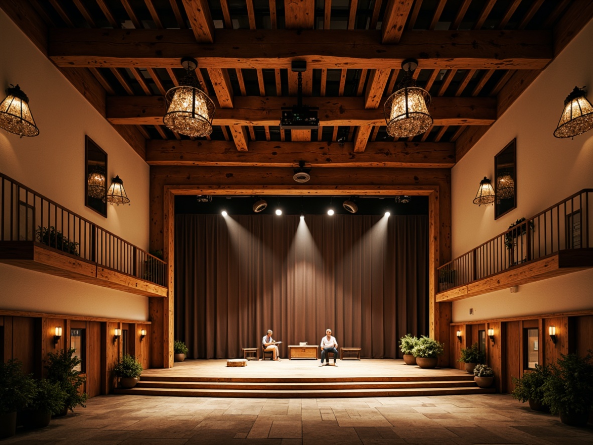 Prompt: Rustic performing arts center, wooden beams, earthy tone walls, vintage lighting fixtures, warm candlelight, soft glowing lanterns, dimmable stage lights, intimate setting, cozy atmosphere, natural stone floors, reclaimed wood accents, distressed metal decorations, industrial-chic chandeliers, warm color temperature, high ceilings, exposed ductwork, minimalist decor, functional simplicity, dramatic spotlights, subtle sidelighting, 1/1 composition, cinematic lighting, realistic shadows, ambient occlusion.