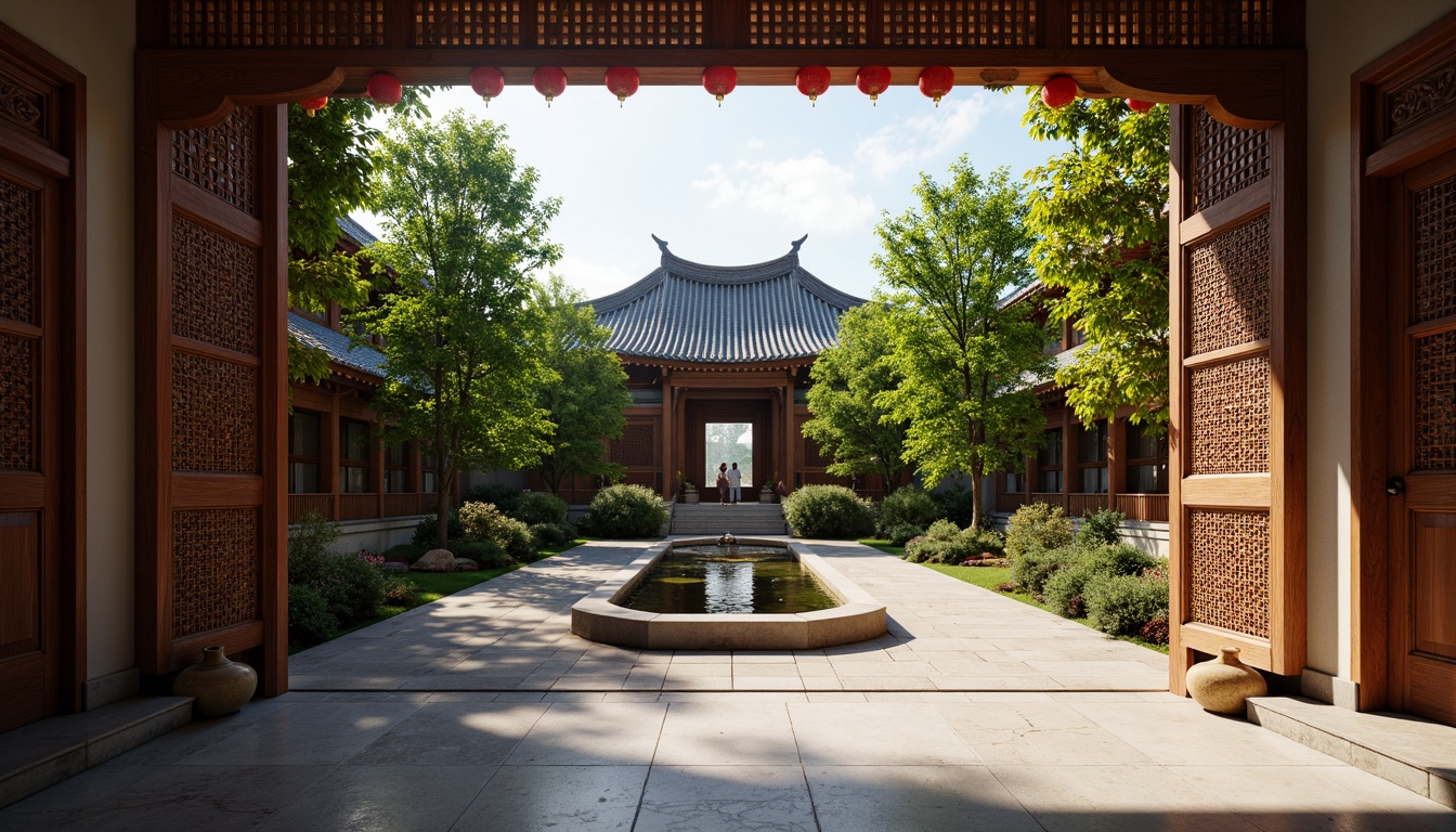 Prompt: Traditional Asian-style temple, intricately carved wooden doors, vibrant red lanterns, serene courtyard, lush green bamboo, tranquil koi pond, natural stone pathways, majestic pagoda architecture, curved tiled roofs, ornate ceramic tiles, subtle natural lighting, soft warm ambiance, shallow depth of field, 1/1 composition, symmetrical balance, harmonious color palette, rich cultural heritage, minimalist decor, peaceful atmosphere.