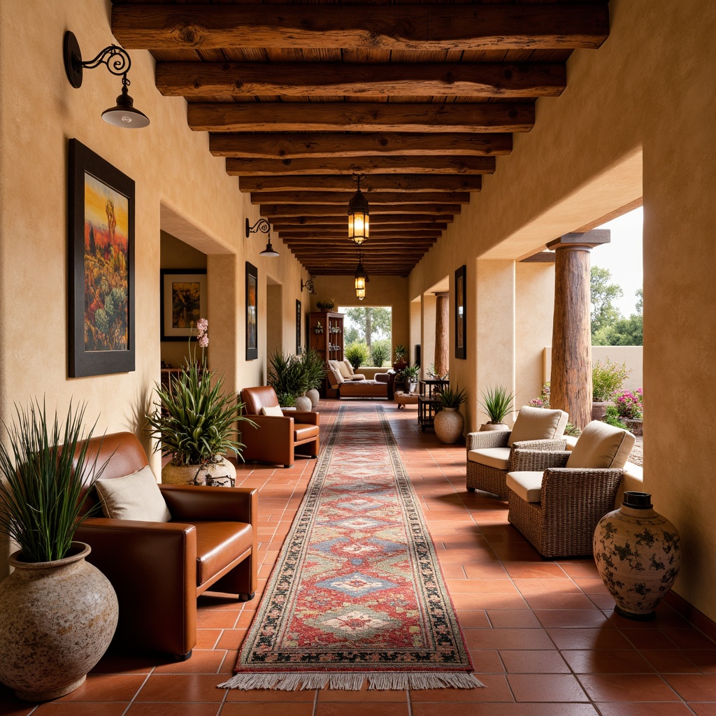 Prompt: Southwestern-inspired hallway, warm terracotta flooring, rustic wooden accents, vintage Native American patterns, colorful woven textiles, earthy clay pottery, distressed leather armchairs, natural fiber rugs, Talavera-style ceramic vases, wrought iron lighting fixtures, warm golden lighting, cozy alcoves, desert landscape artwork, cacti and succulent decorations, warm beige walls, earthy red tones, rustic wooden ceiling beams, soft ambient illumination, shallow depth of field, 1/1 composition.