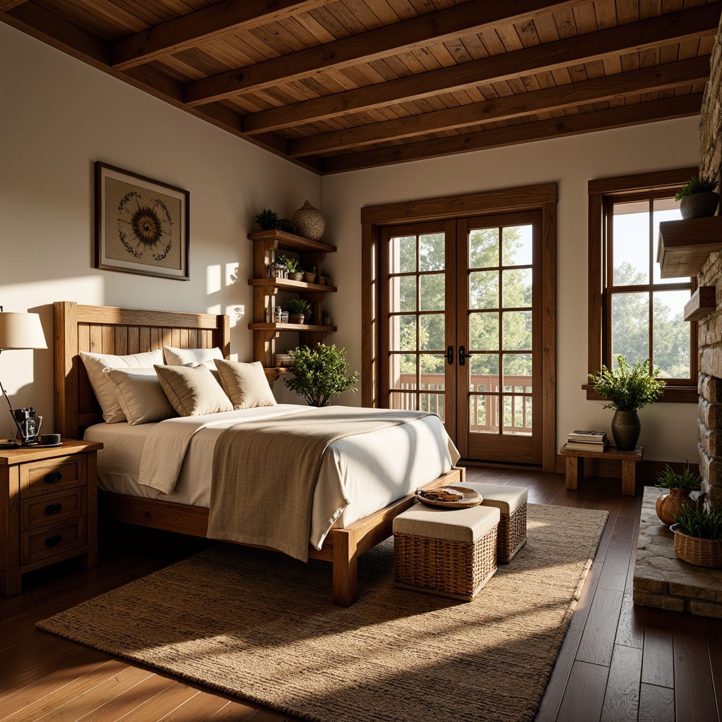 Prompt: Cozy Craftsman bedroom, rustic wooden furniture, earthy tone color palette, plush area rug, comfortable reading nook, vintage metal lamps, natural linen bedding, woven wicker baskets, distressed wood accents, stone fireplace, warm soft lighting, shallow depth of field, 1/2 composition, realistic textures, ambient occlusion.