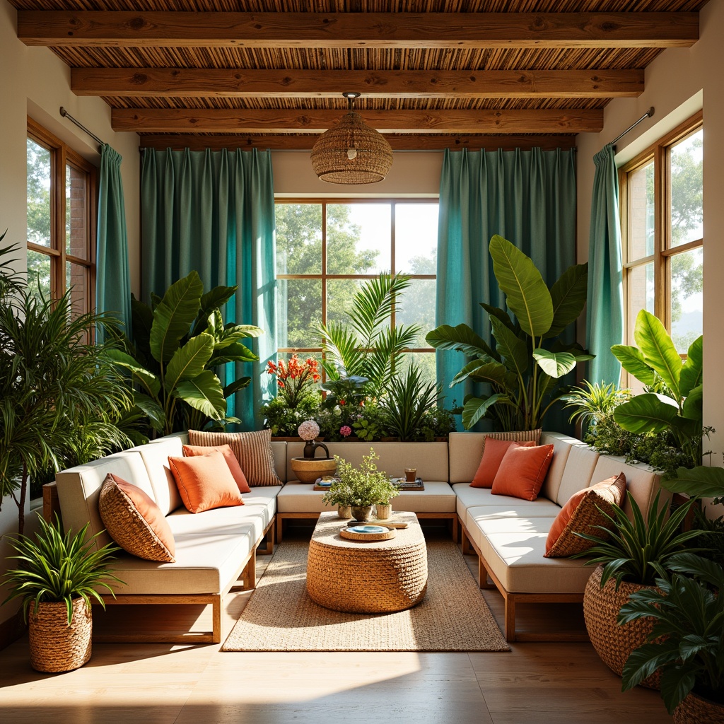 Prompt: Vibrant tropical interior, lush greenery, exotic flowers, warm wooden accents, natural textures, rattan furniture, woven baskets, colorful textiles, coral-inspired hues, turquoise blue, sunny yellow, bright orange, pastel pink, creamy white, soft golden lighting, shallow depth of field, 3/4 composition, panoramic view, realistic renderings, ambient occlusion.