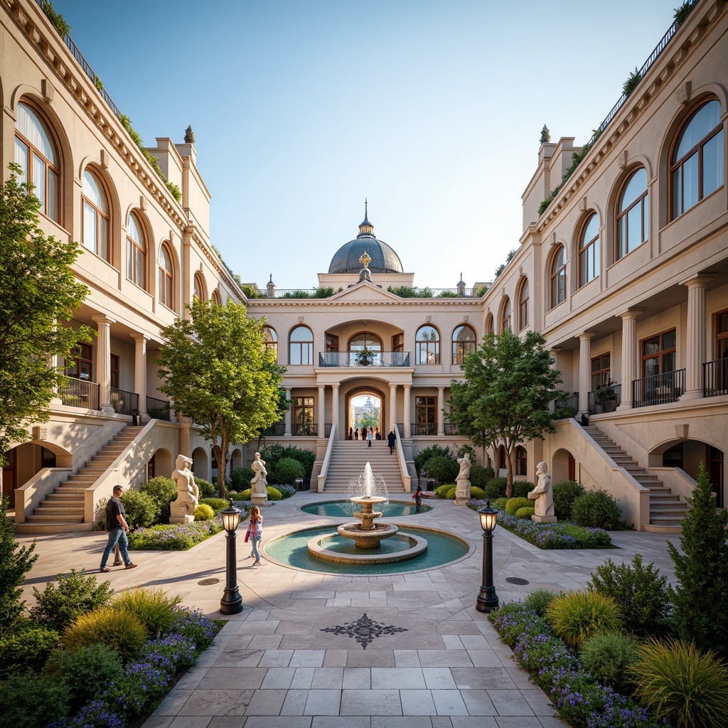 Prompt: Grand community plaza, neoclassical architecture, ornate fountains, lush greenery, vibrant flowers, pedestrian walkways, grand staircases, Corinthian columns, arches, domes, marble flooring, elegant statues, public art installations, sunny day, soft warm lighting, shallow depth of field, 3/4 composition, panoramic view, realistic textures, ambient occlusion.