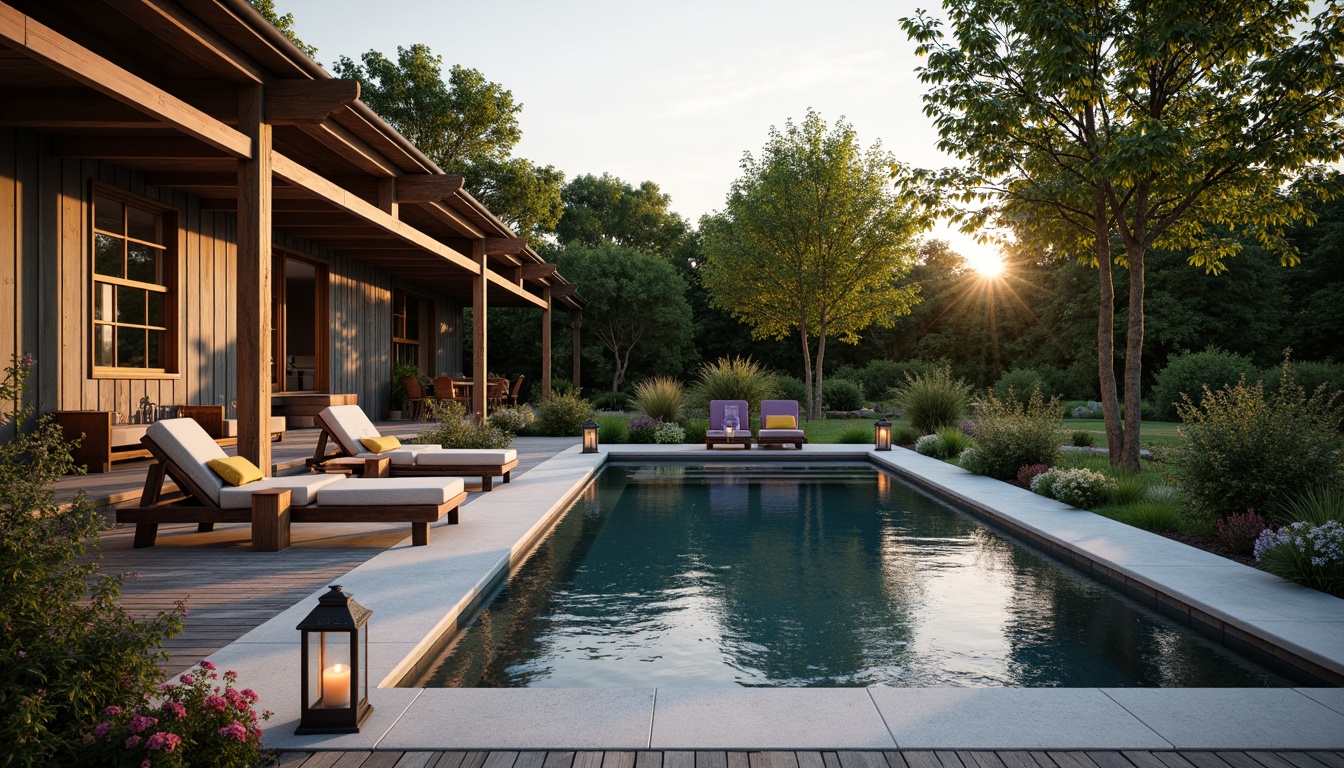 Prompt: Rustic farmhouse pool, wooden decking, natural stone coping, lush greenery, blooming flowers, vintage outdoor furniture, soft cushions, colorful throw pillows, lantern-style lighting, warm sunset, shallow water effects, gentle ripples, 1/1 composition, serene atmosphere, realistic textures, ambient occlusion.