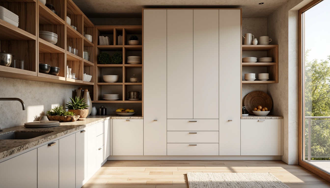 Prompt: Light-filled Scandinavian pantry, minimalist shelving units, wooden accents, sleek metal frames, natural stone countertops, soft warm lighting, shallow depth of field, 3/4 composition, panoramic view, realistic textures, ambient occlusion, modern storage solutions, pull-out drawers, slide-in shelves, adjustable compartments, matte white cabinets, walnut wood finishes, subtle Nordic patterns, warm beige colors, cozy atmosphere, morning sunlight, gentle shadows.