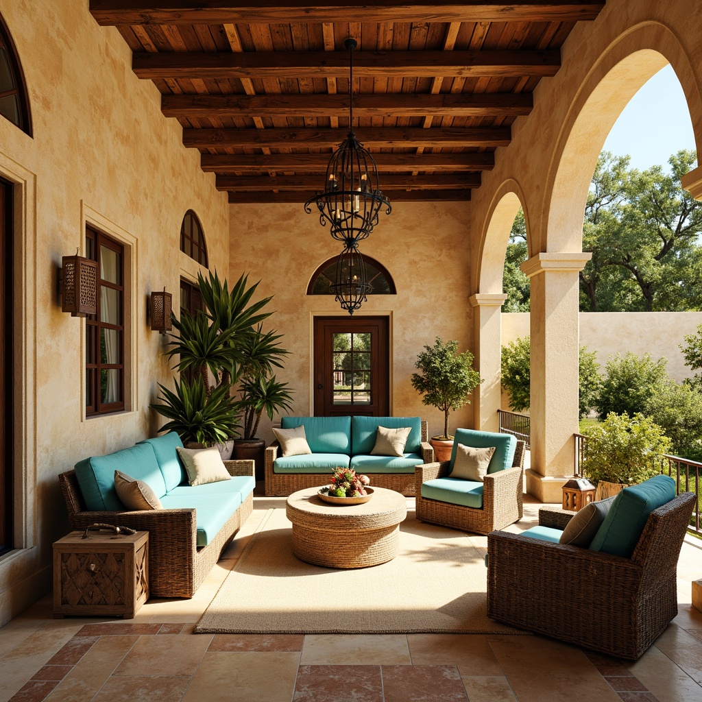 Prompt: Vibrant Mediterranean villa, rustic stone walls, curved archways, ornate ironwork, warm beige floors, plush turquoise upholstery, distressed wood accents, woven wicker furniture, colorful ceramic tiles, lush greenery, natural linen fabrics, elegant chandeliers, soft golden lighting, shallow depth of field, 1/1 composition, realistic textures, ambient occlusion.