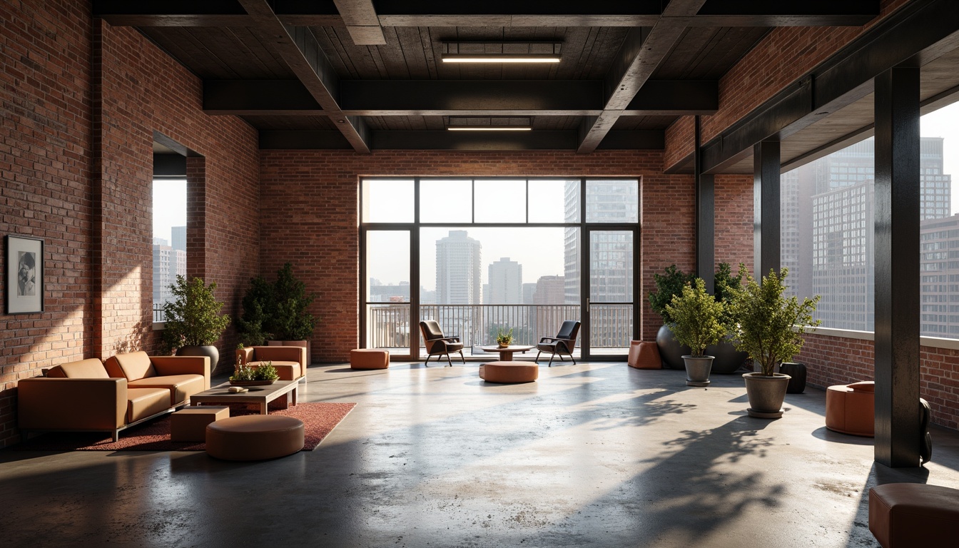 Prompt: Exposed brick walls, polished concrete floors, industrial metal beams, minimalist decor, functional furniture, geometric shapes, primary color schemes, urban cityscape views, natural light pouring in, subtle shadows, atmospheric misty ambiance, cinematic 3/4 composition, realistic textures, ambient occlusion.