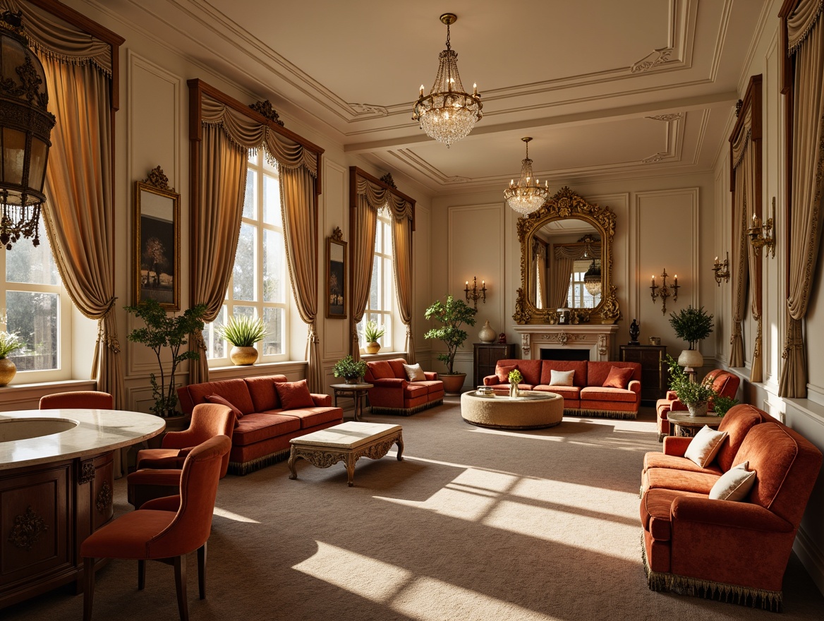 Prompt: Elegant neoclassical interior, ornate furnishings, curved lines, gilded accents, velvet upholstery, rich wood tones, marble countertops, crystal chandeliers, intricate carvings, tufted sofas, wingback chairs, carved wooden legs, upholstered ottomans, lavish drapery, tassel trim, ornate mirrors, subtle lighting, warm beige walls, high ceilings, spacious rooms, 1/1 composition, soft focus, realistic textures, ambient occlusion.