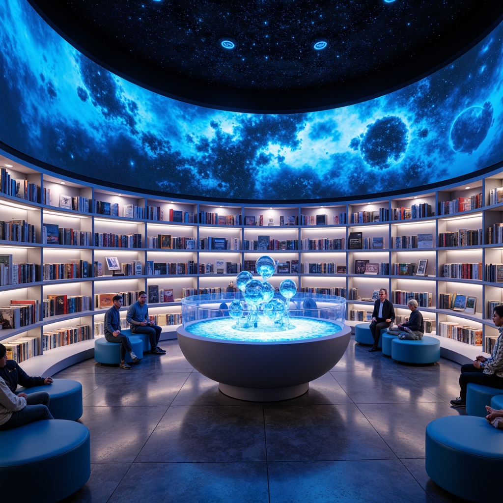 Prompt: Futuristic bookstore, galaxy-inspired interior, neon-lit shelves, holographic book displays, metallic floors, curved lines, minimalist decor, cozy reading nooks, virtual reality stations, 3D printed book sculptures, glowing orbs, starry night sky, atmospheric mist, soft blue lighting, shallow depth of field, 1/2 composition, realistic reflections, ambient occlusion.