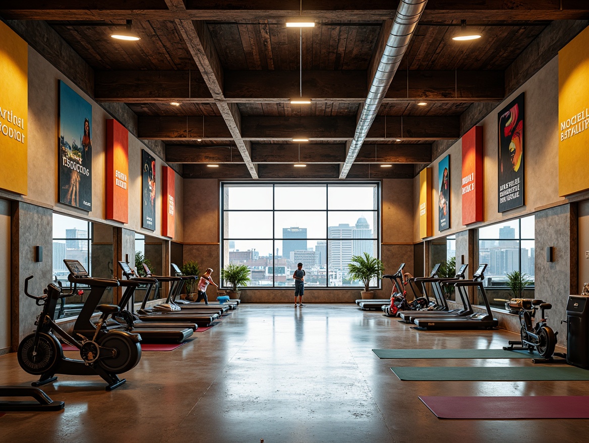 Prompt: Rustic gymnasium, distressed wood accents, industrial metal beams, vibrant color schemes, bold typography, motivational quotes, high-intensity lighting, dynamic shadows, athletic equipment, free weights, treadmills, exercise bikes, yoga mats, mirrored walls, sleek floors, abstract art pieces, geometric patterns, modern minimalist design, urban cityscape views, morning sunlight, shallow depth of field, 1/1 composition, realistic textures, ambient occlusion.