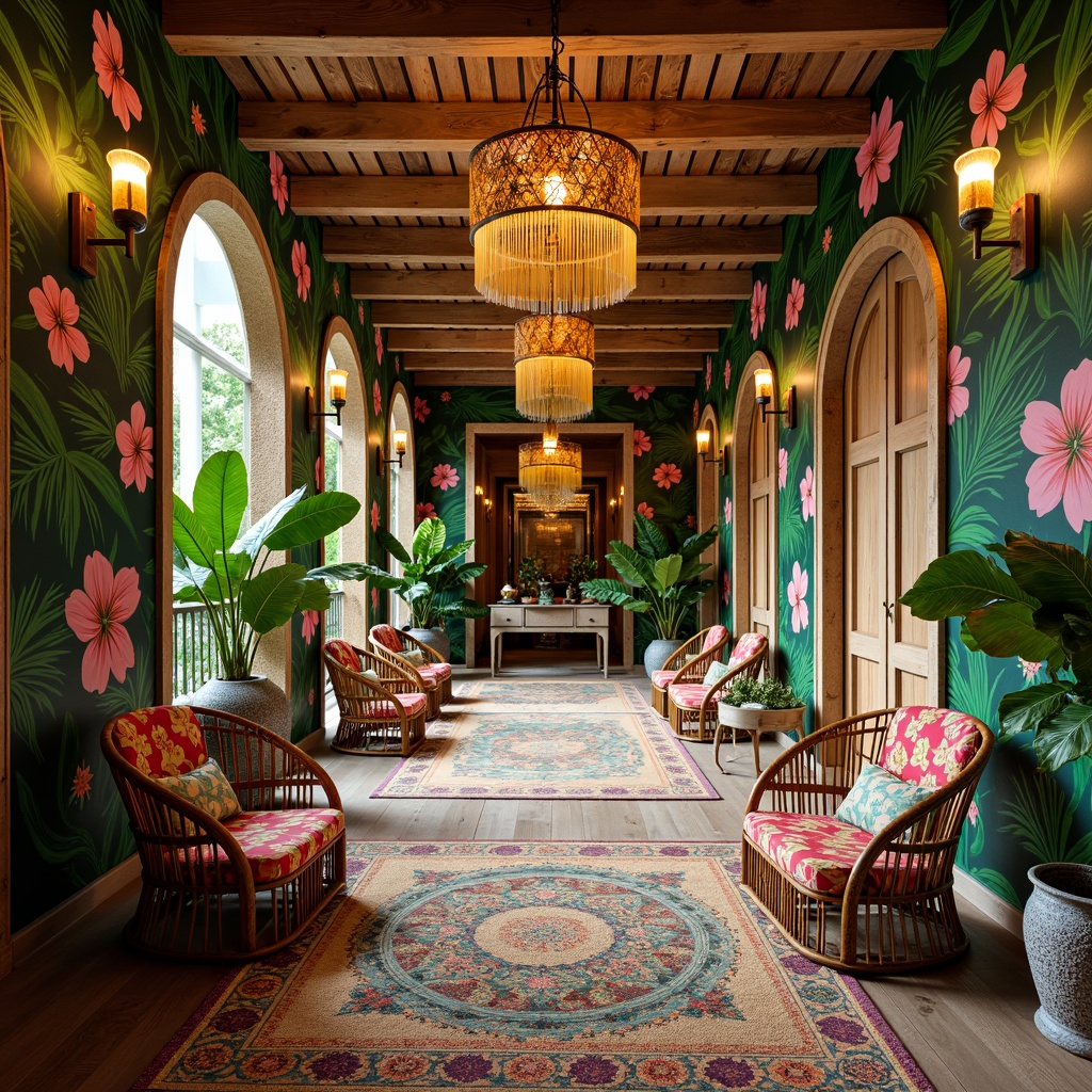 Prompt: Vibrant tropical hall, exotic flower patterns, lush green walls, natural wood accents, rattan furniture, colorful tassel details, woven bamboo textiles, bold geometric prints, statement lighting fixtures, warm golden tones, soft diffused light, shallow depth of field, 1/2 composition, realistic fabric textures, ambient occlusion.