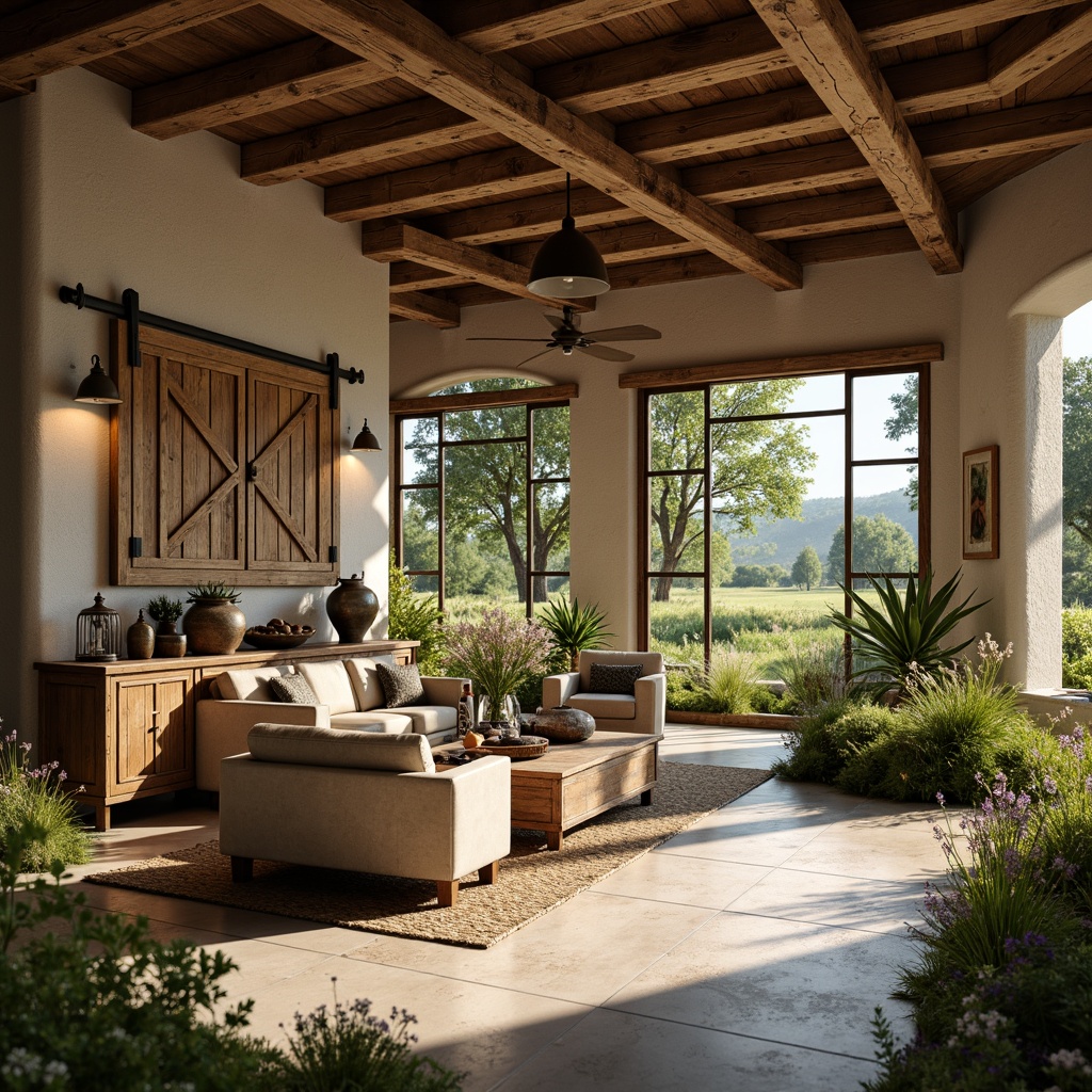 Prompt: Rustic farmhouse, distressed wood accents, vintage metal decorations, reclaimed barn doors, earthy tone walls, natural stone flooring, exposed wooden beams, industrial-style lighting fixtures, lush greenery, wildflowers, rural landscape views, warm sunny day, soft warm lighting, shallow depth of field, 3/4 composition, panoramic view, realistic textures, ambient occlusion.